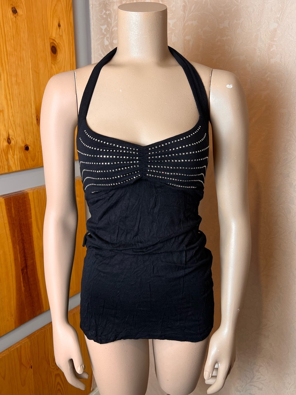 SEDUCTION Black Fitted Halter Babydoll Tank with Silver Studs - Sz L